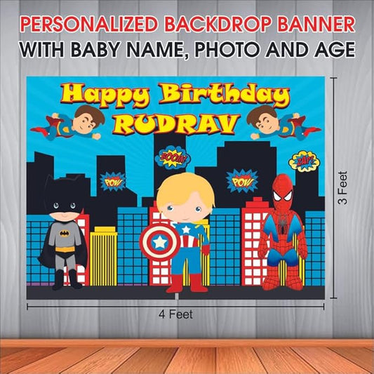 Customised Little Heroes Birthday Banner Backdrops Theme