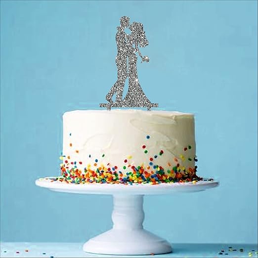 Acyrlic Silver Glitter Finish Couple Cake Topper for Decoration (Silver, 6X3 Inches)