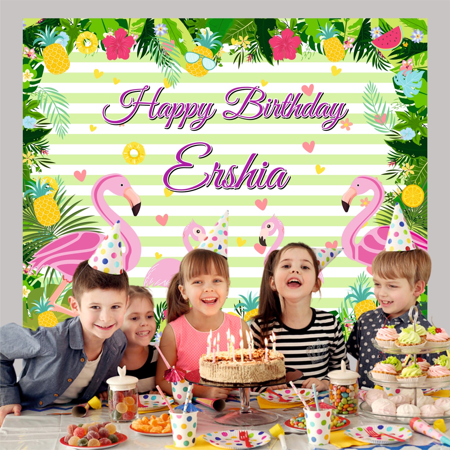 Customized Flamingo Happy Birthday Backdrops Theme Decoration for Kids & Adults