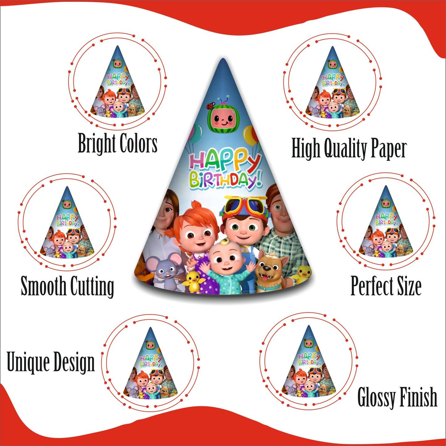 Cocomelon Happy Birthday Caps | Party Hats for Girls & Kids