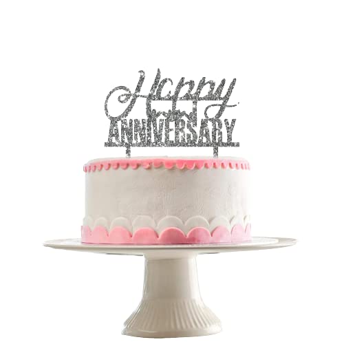 Acyrlic Silver Glitter Finish Couple Cake Topper for Decoration (Happy Anniversary Silver, 5X5.5 Inches)