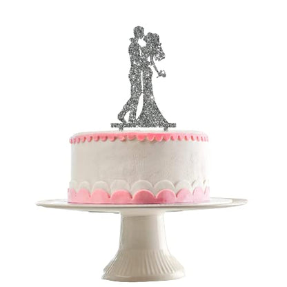 Acyrlic Silver Glitter Finish Couple Cake Topper for Decoration (Silver, 6X3 Inches)