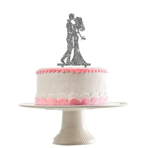 Acyrlic Silver Glitter Finish Couple Cake Topper for Decoration (Silver, 6X3 Inches)