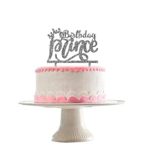 Acyrlic Silver Glitter Finish Couple Cake Topper for Decoration (Prince Silver, 5X5.5 Inches)