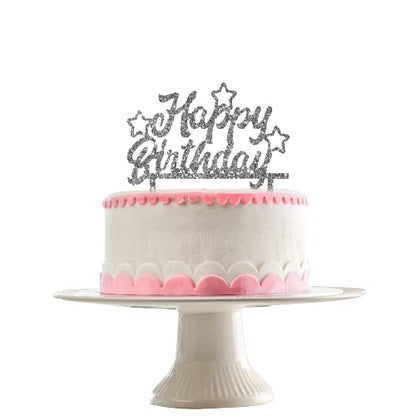 Acyrlic Silver Glitter Finish Couple Cake Topper for Decoration (Happy Birthday Silver, 5X5.5 Inches)