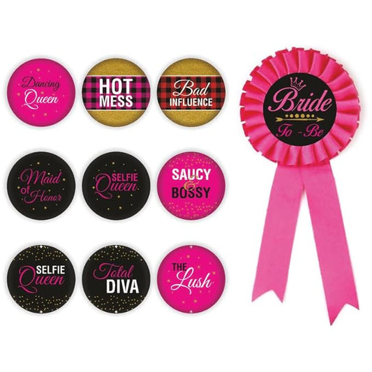Team Bride Cute Badges Combo for Wedding (Pack of 10 Pcs, Multicolor)
