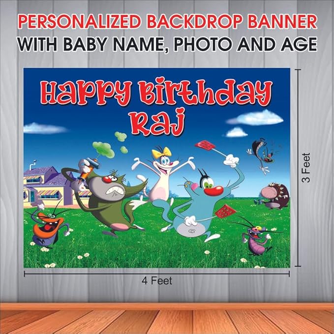 Customised Oggy & The Cockroaches Birthday Backdrop Theme for Kids