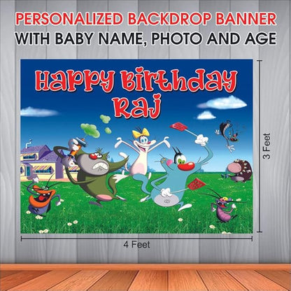 Customised Oggy & The Cockroaches Birthday Backdrop Theme for Kids