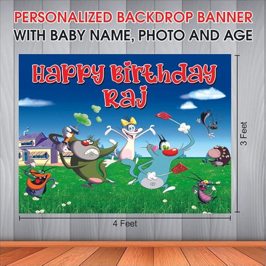 Customised Oggy & The Cockroaches Birthday Backdrop Theme for Kids