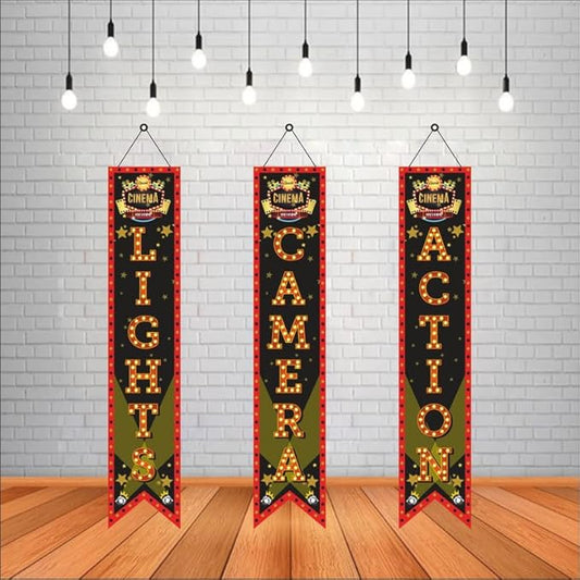 Bollywood Light Camera Action Porch Sign Banner (Pack of 3, Multi Color)