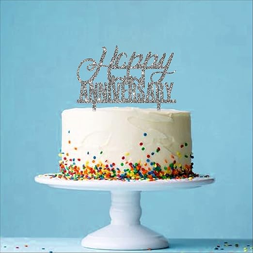Acyrlic Silver Glitter Finish Couple Cake Topper for Decoration (Happy Anniversary Silver, 5X5.5 Inches)