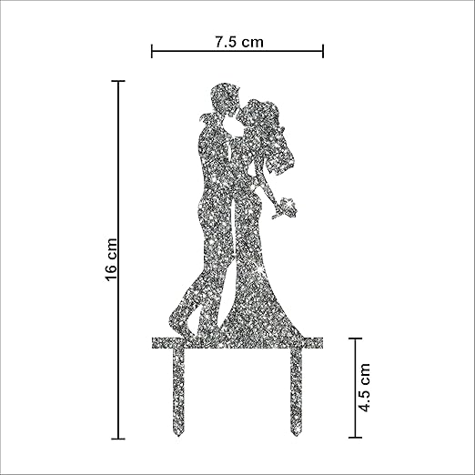 Acyrlic Silver Glitter Finish Couple Cake Topper for Decoration (Silver, 6X3 Inches)