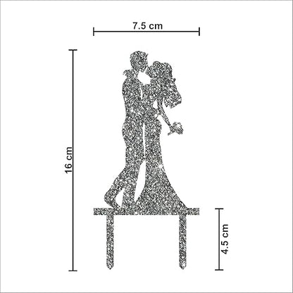Acyrlic Silver Glitter Finish Couple Cake Topper for Decoration (Silver, 6X3 Inches)