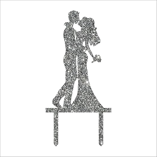 Acyrlic Silver Glitter Finish Couple Cake Topper for Decoration (Silver, 6X3 Inches)