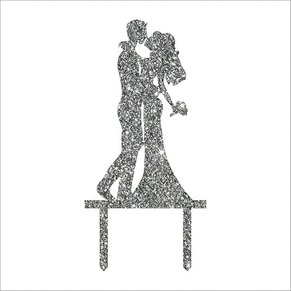Acyrlic Silver Glitter Finish Couple Cake Topper for Decoration (Silver, 6X3 Inches)