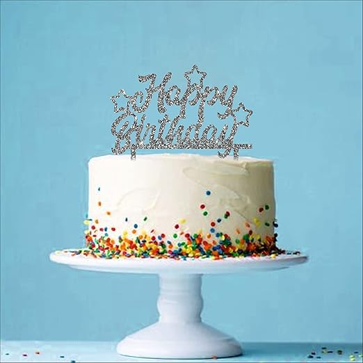 Acyrlic Silver Glitter Finish Couple Cake Topper for Decoration (Happy Birthday Silver, 5X5.5 Inches)