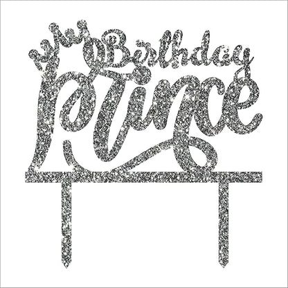 Acyrlic Silver Glitter Finish Couple Cake Topper for Decoration (Prince Silver, 5X5.5 Inches)