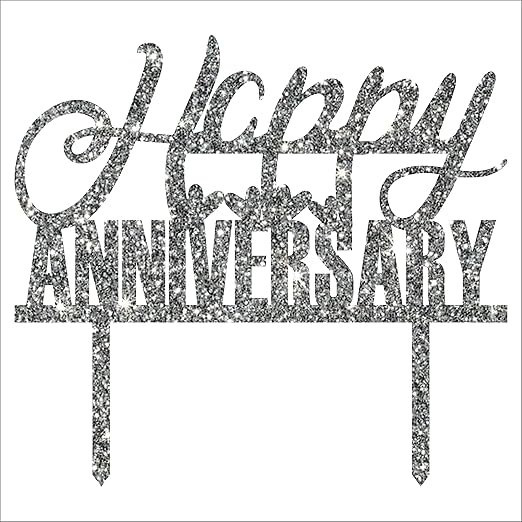 Acyrlic Silver Glitter Finish Couple Cake Topper for Decoration (Happy Anniversary Silver, 5X5.5 Inches)