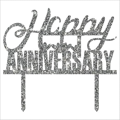 Acyrlic Silver Glitter Finish Couple Cake Topper for Decoration (Happy Anniversary Silver, 5X5.5 Inches)