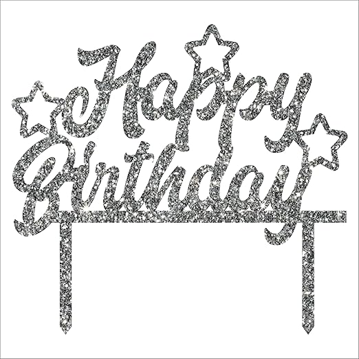 Acyrlic Silver Glitter Finish Couple Cake Topper for Decoration (Happy Birthday Silver, 5X5.5 Inches)