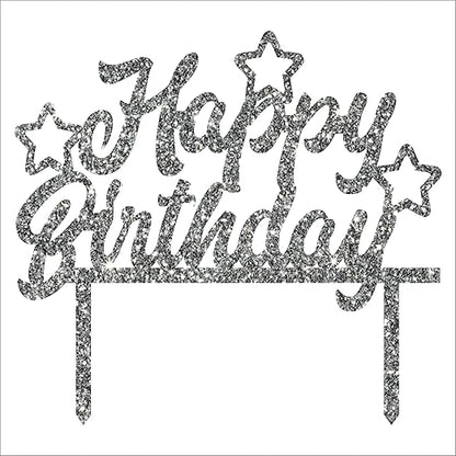 Acyrlic Silver Glitter Finish Couple Cake Topper for Decoration (Happy Birthday Silver, 5X5.5 Inches)