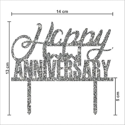 Acyrlic Silver Glitter Finish Couple Cake Topper for Decoration (Happy Anniversary Silver, 5X5.5 Inches)