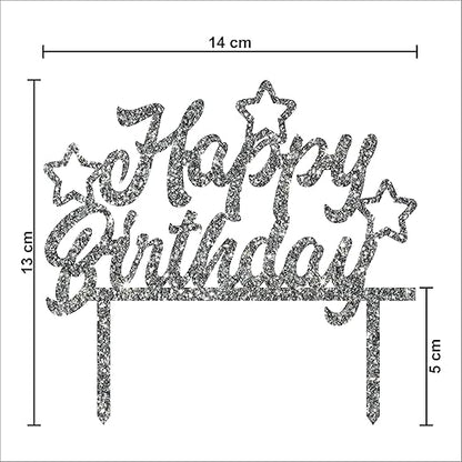 Acyrlic Silver Glitter Finish Couple Cake Topper for Decoration (Happy Birthday Silver, 5X5.5 Inches)