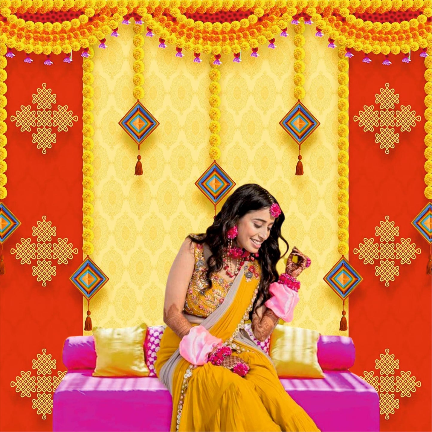 Red & Yellow Flowers Decorative Theme Backdrop for Events, Home & Photoshoots