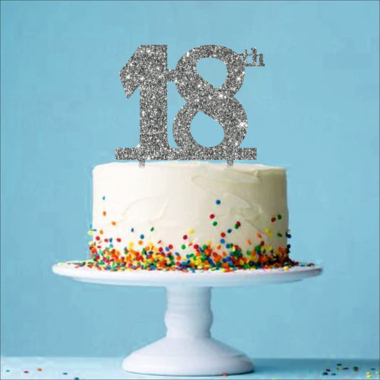 Acyrlic Silver Glitter Finish Couple Cake Topper for Decoration (18th Silver, 4.25X5 Inches)