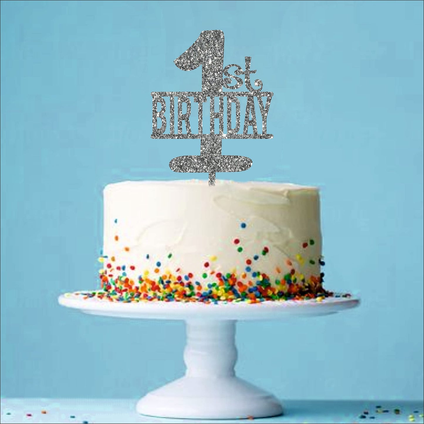 Acyrlic Silver Glitter Finish Couple Cake Topper for Decoration (1st birthday Silver, 6.5X4 Inches)