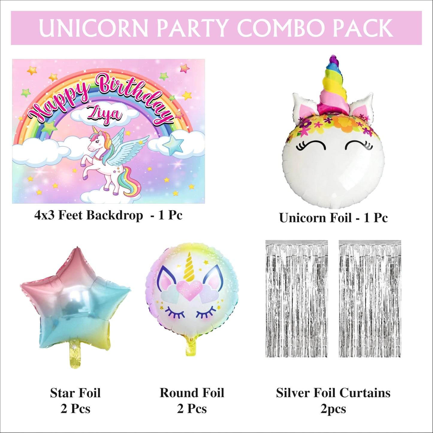 Unicorn Customized Birthday Backdrop Theme for Kids Pack (Pack of 8)