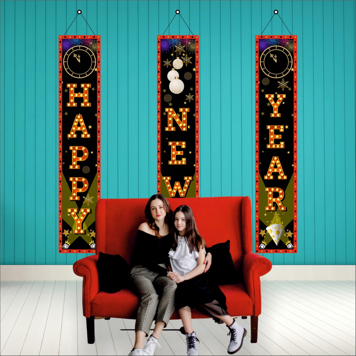 Happy New Year Backdrop Outdoor Yard Front Porch Hanging Sign Set