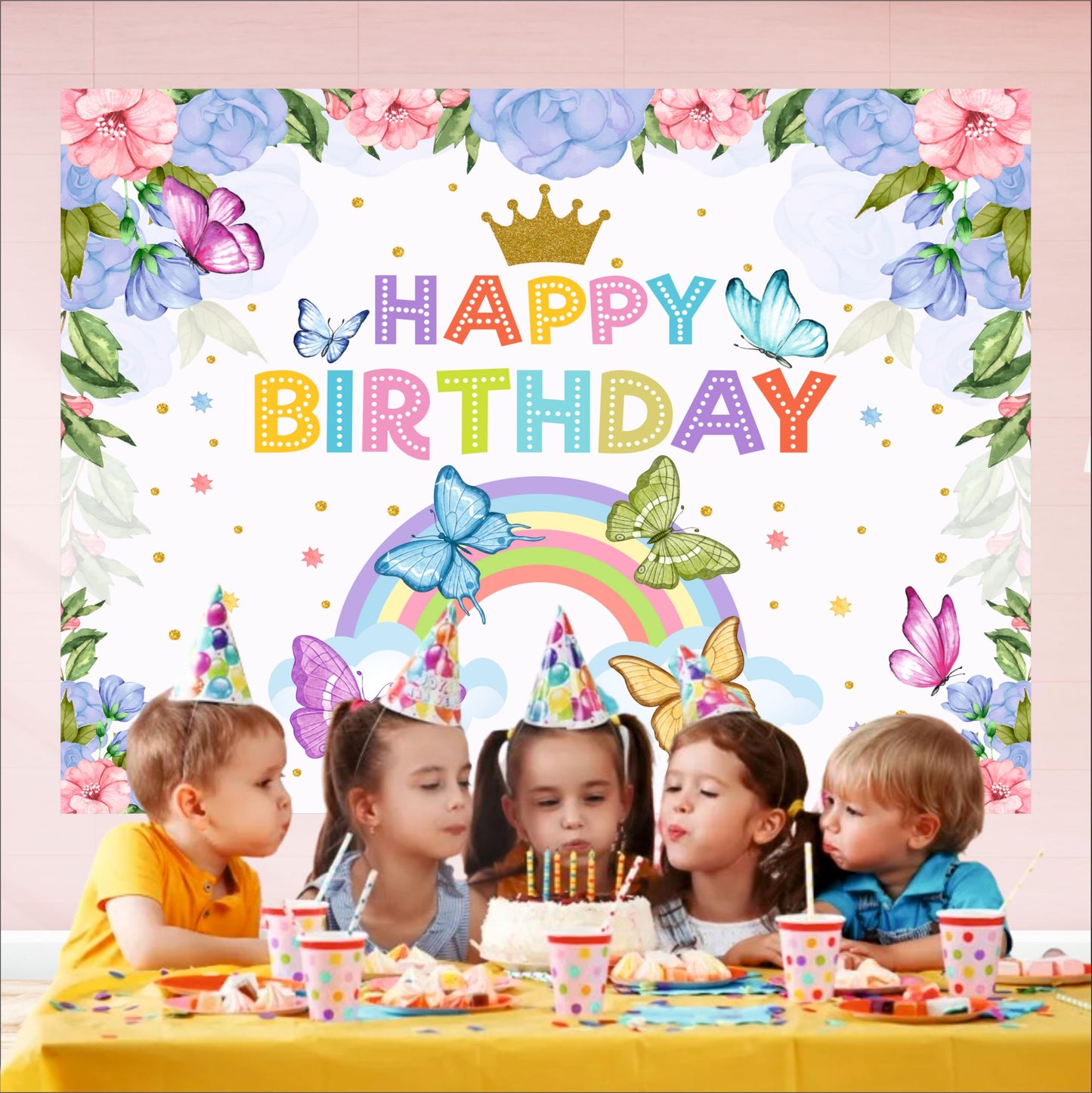 Flower & Butterfly Theme Birthday Backdrop for Kids