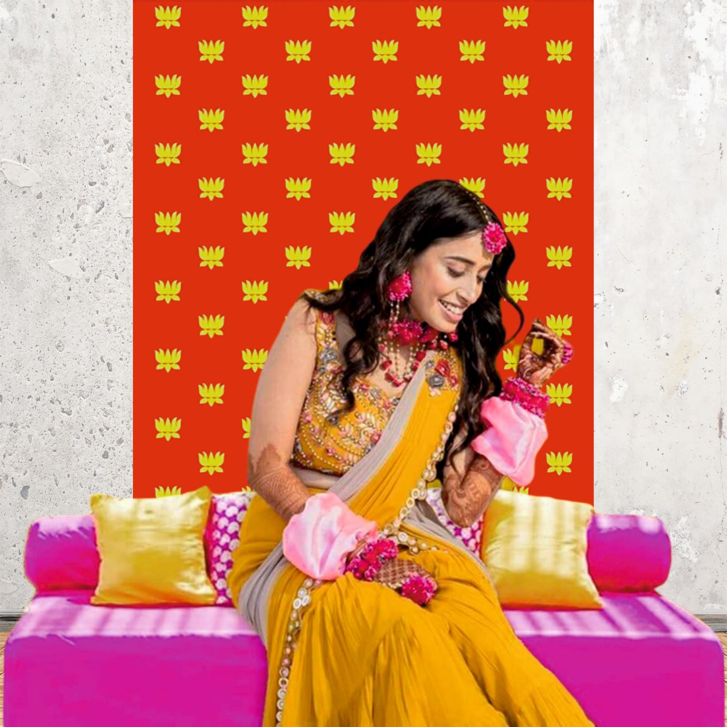 Red Backdrop With Golden Lotus Theme for Events, Home & Photoshoots