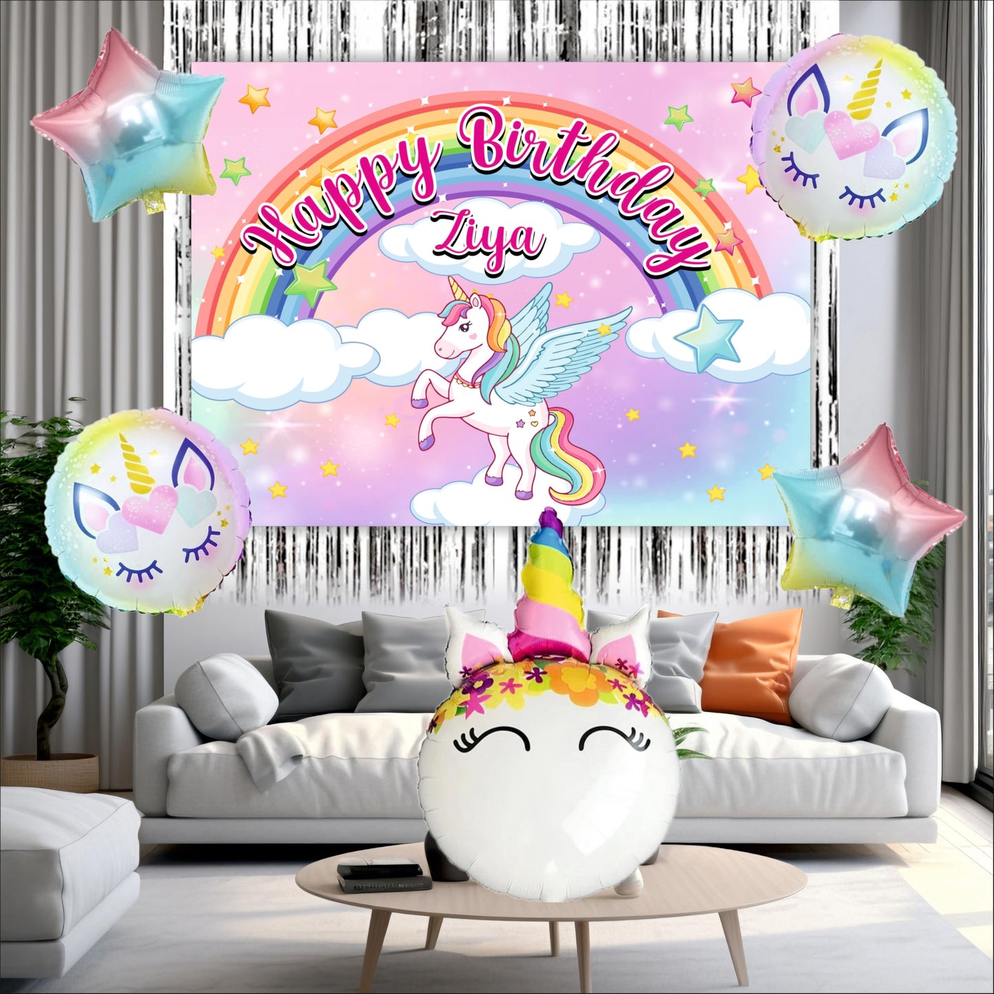 Unicorn Customized Birthday Backdrop Theme for Kids Pack (Pack of 8)