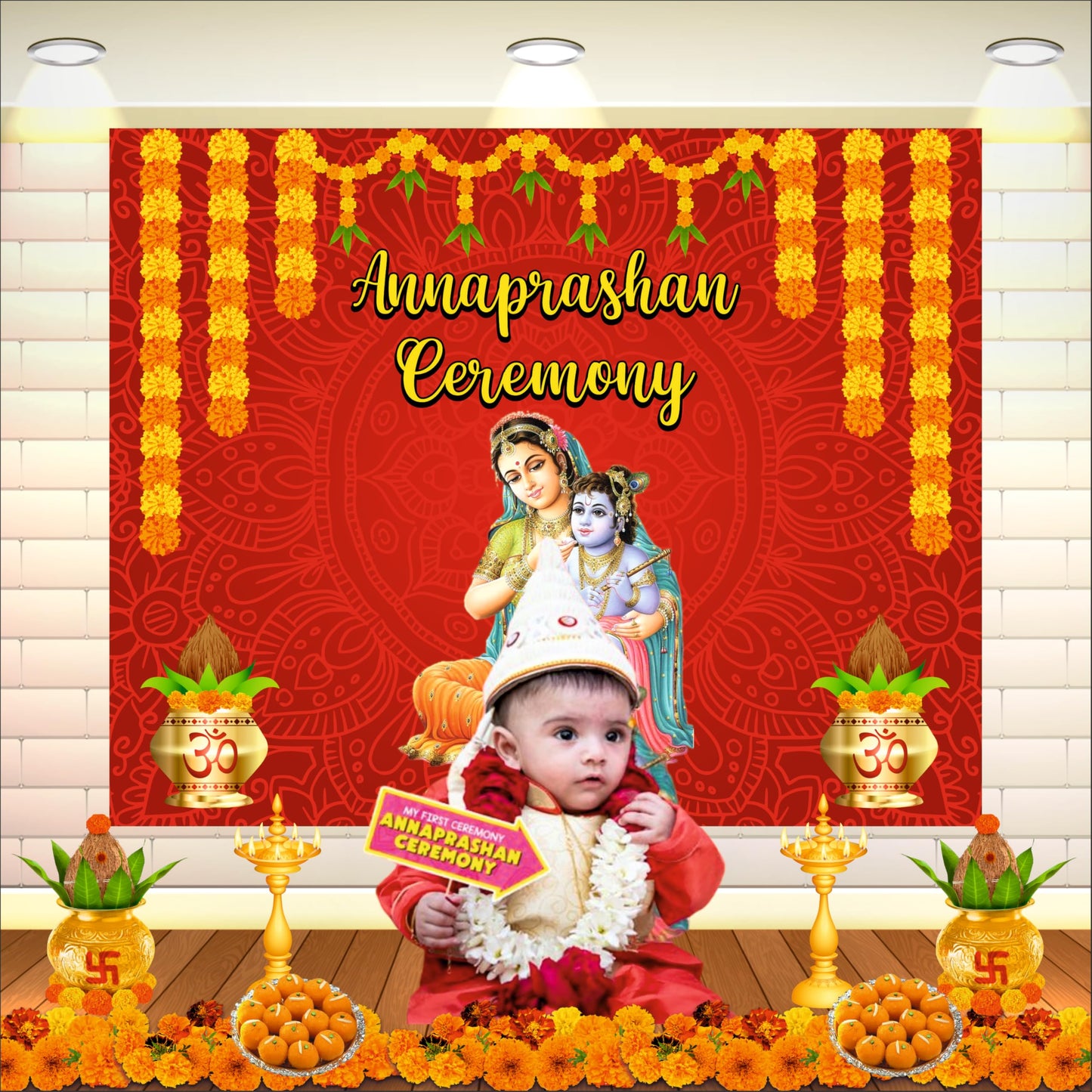 Red Annaprashan Decorative Theme Backdrop for Photoshoots