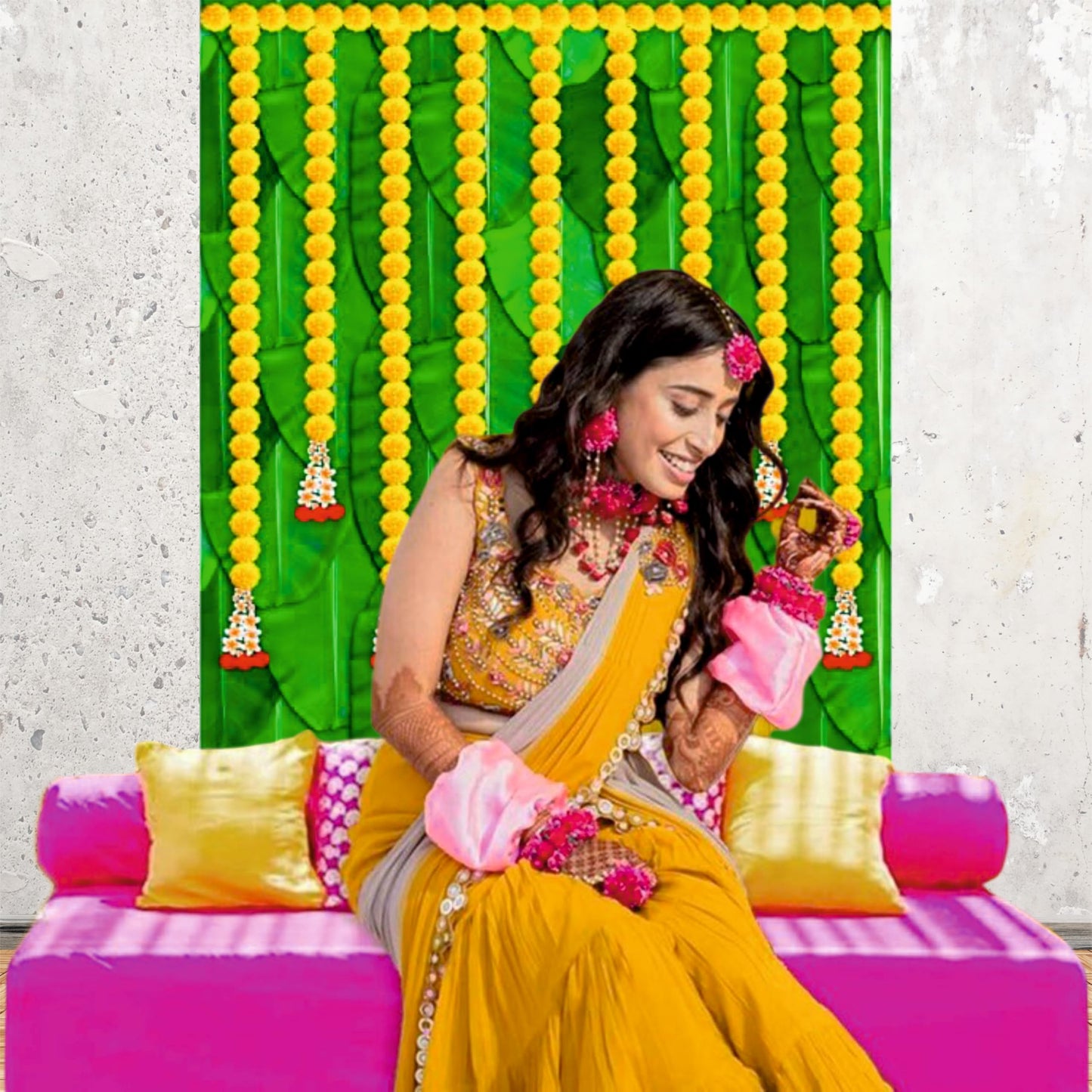 Banana Leaf With Yellow Flower Decorative Theme Backdrop for Events, Home & Photoshoots
