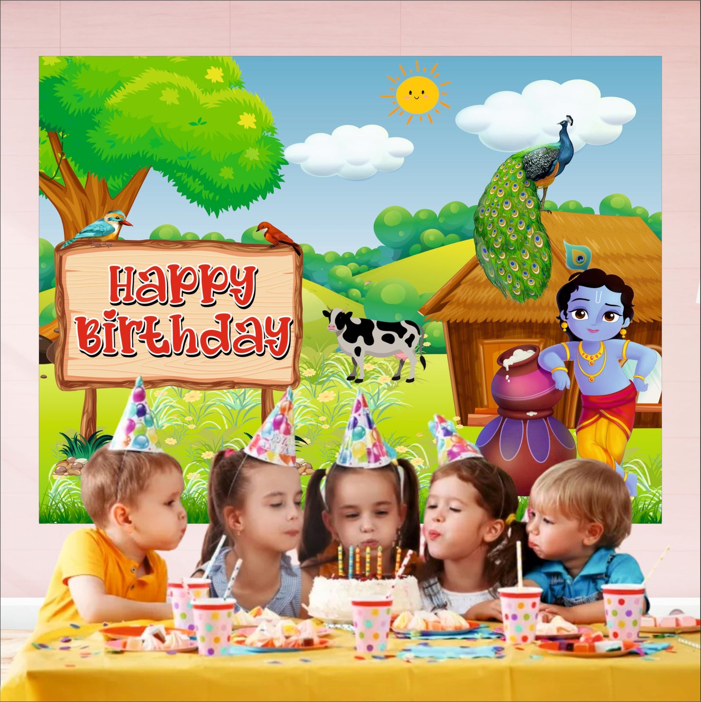 Little Krishna Theme Birthday Backdrop for Kids