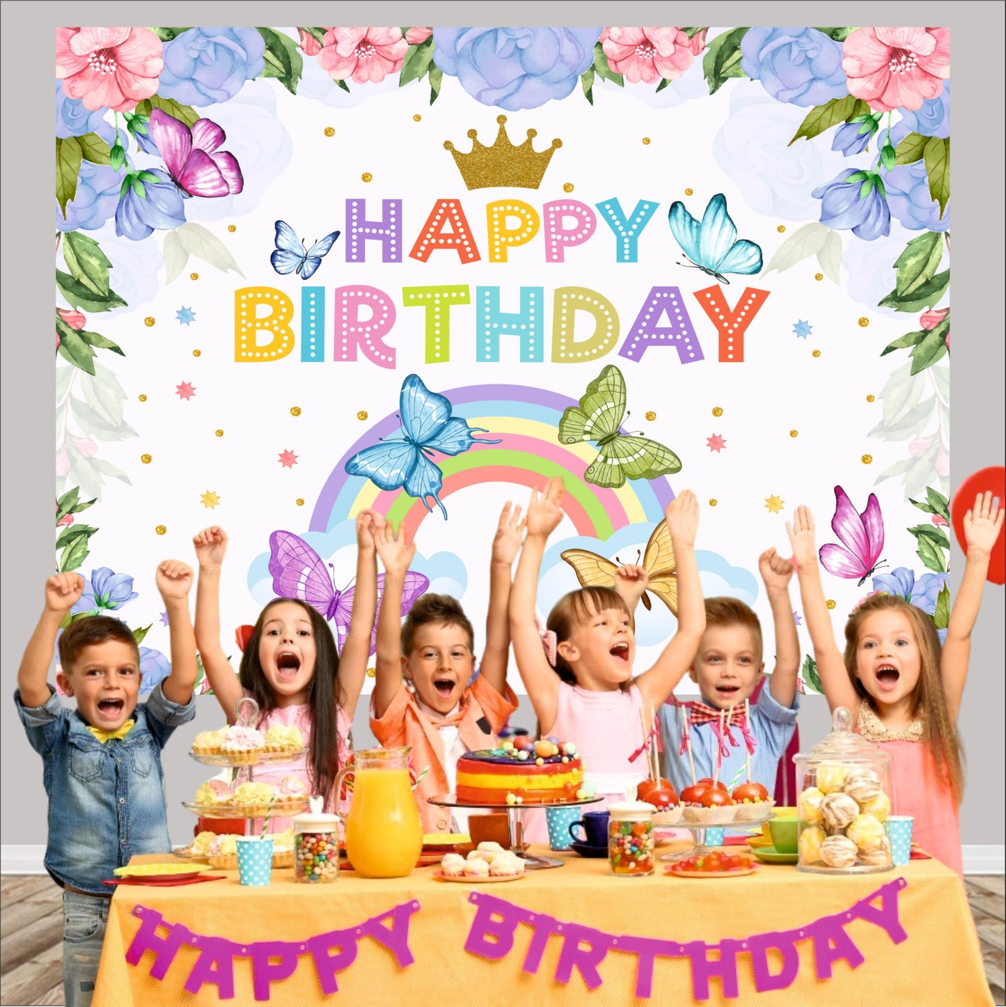 Flower & Butterfly Theme Birthday Backdrop for Kids
