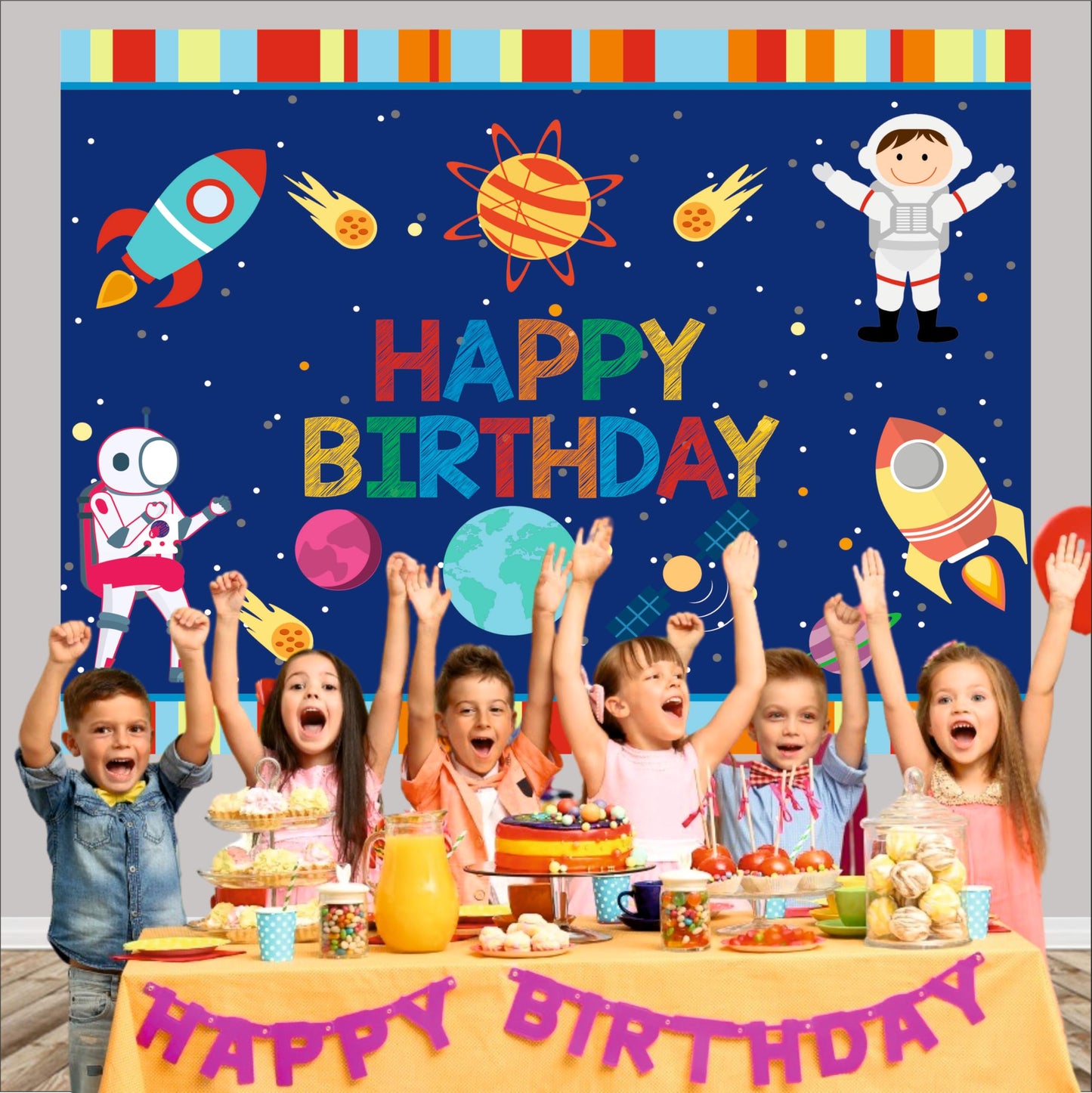 Space Birthday Theme Backdrop for Kids