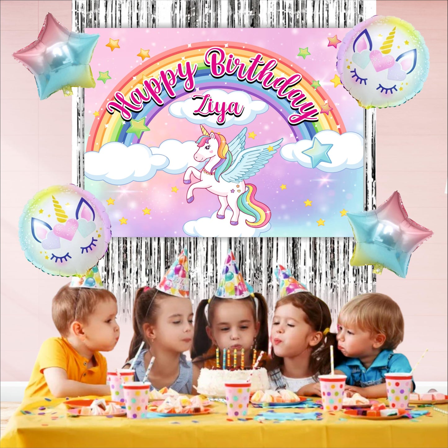 Unicorn Customized Birthday Backdrop Theme for Kids Pack (Pack of 8)