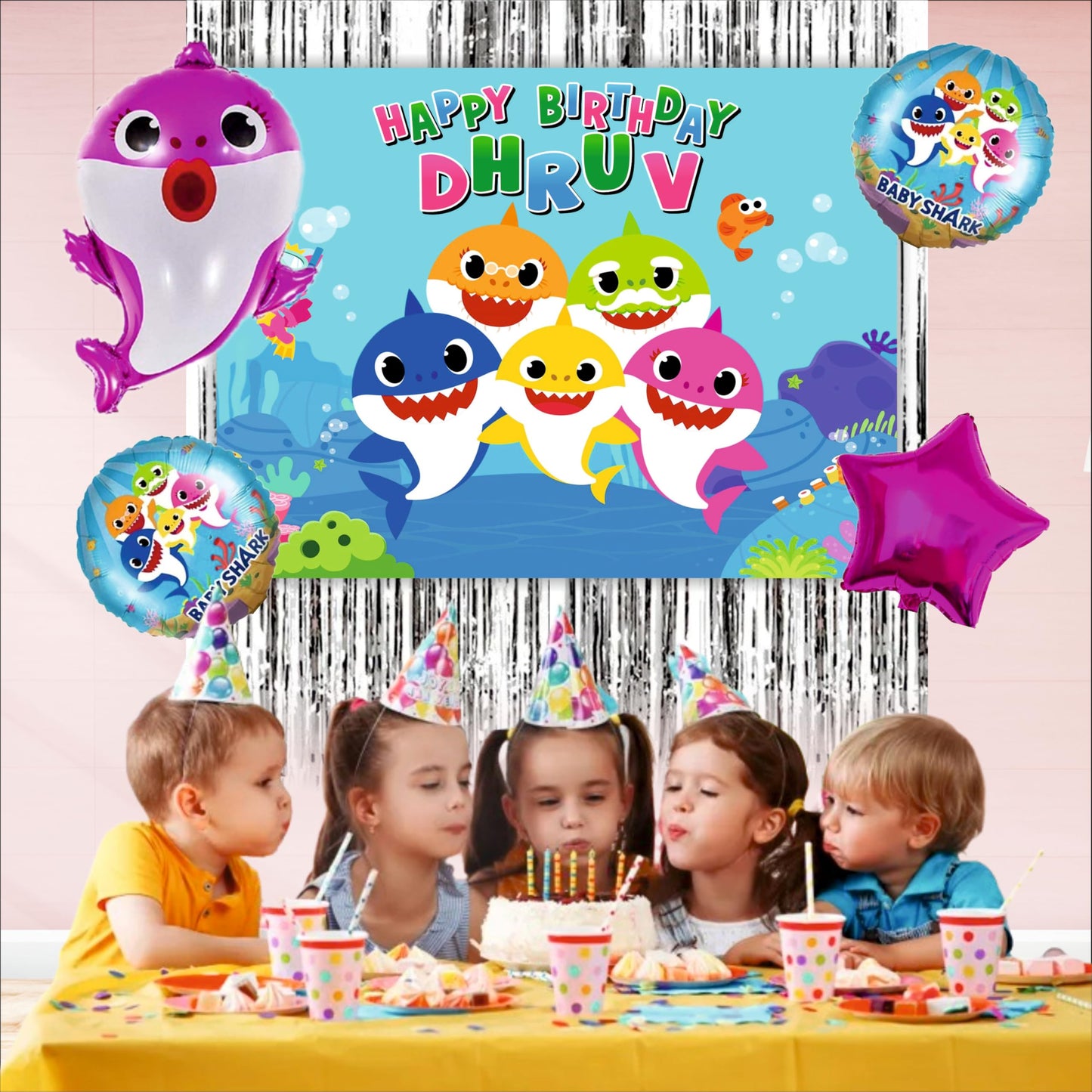 Baby Shark Birthday Backdrop Theme for Kids (Pack of 8)