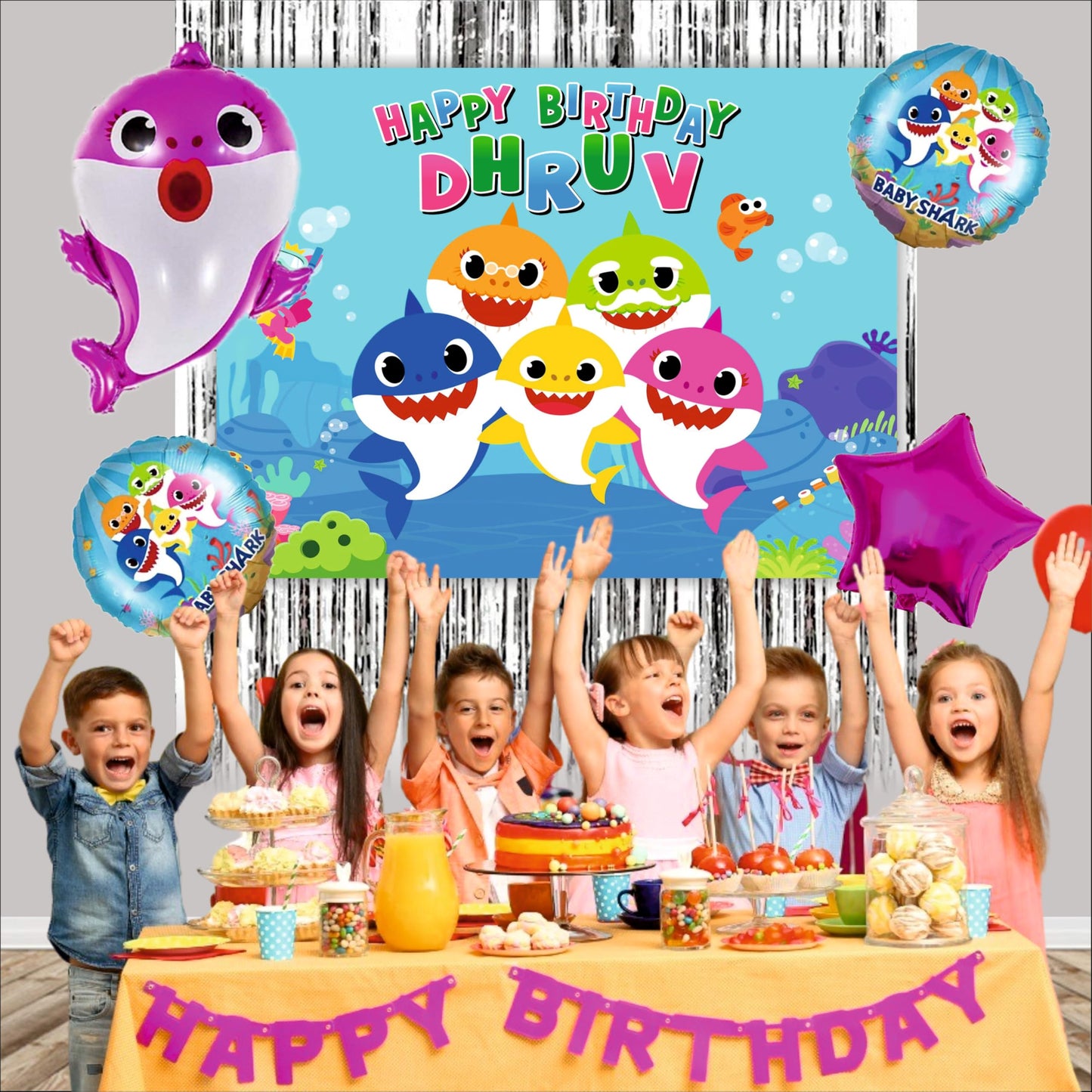 Baby Shark Birthday Backdrop Theme for Kids (Pack of 8)