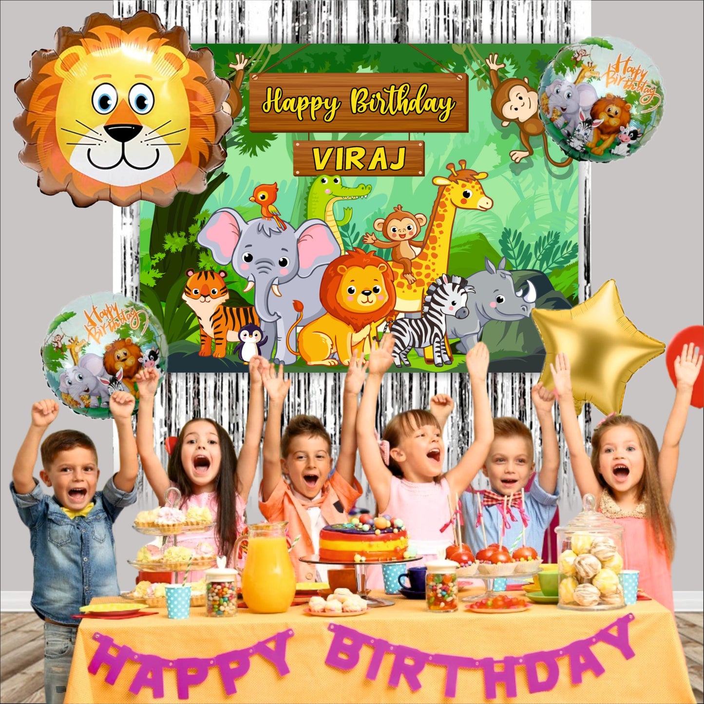 Jungle Birthday Backdrop Theme for Kids (Pack of 8)