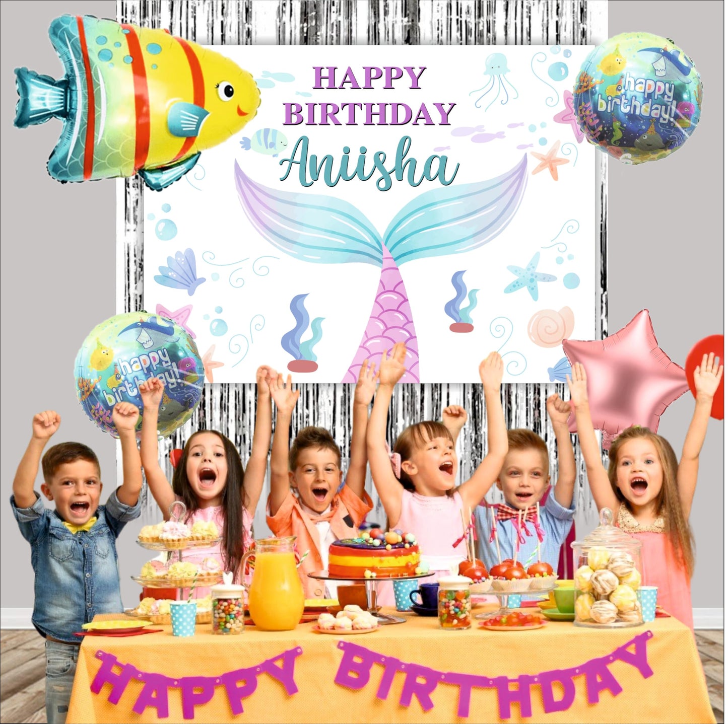 Mermaid Birthday Backdrop Theme for Kids (Pack of 8)